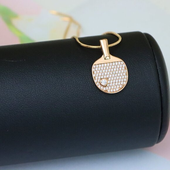 "Rose Gold Table Tennis Racket Pendant with Sparkling CZ Detailing, XPPT1376 - Picture 3 of 13